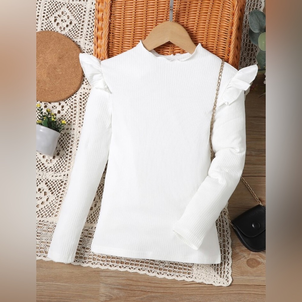 SHEIN Tween Girl Lettuce Trim Ribbed Knit Tee